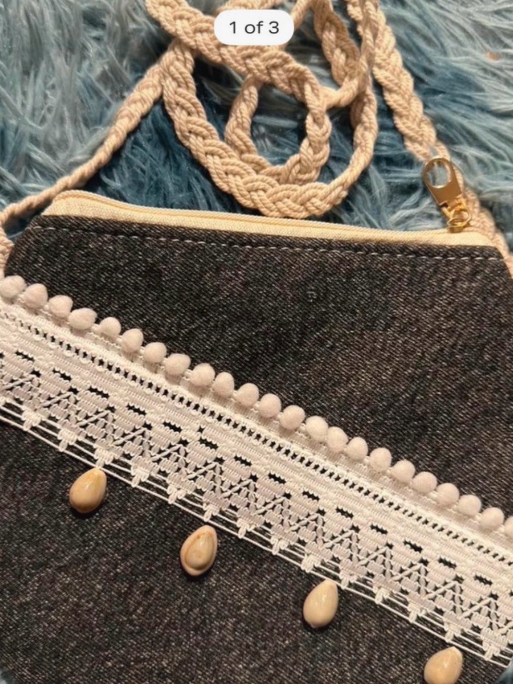 Women’s Gray Crossbody Bag with Cream Lace Trim and Braided Strap